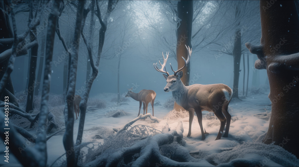 Winter forest with deer. Illustration AI Generative Winter forest with deer. Illustration AI Generative