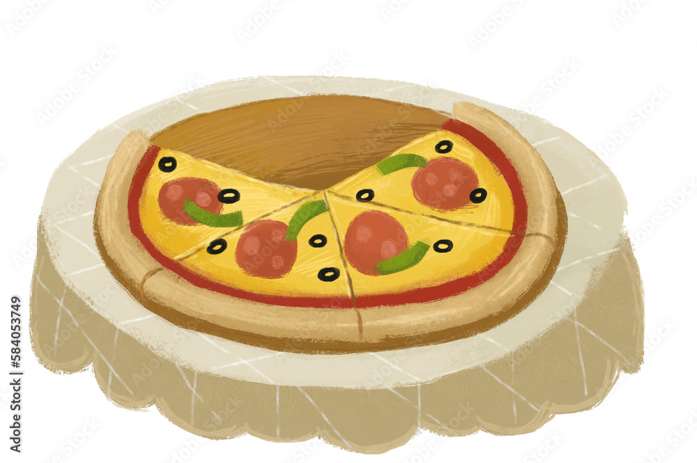 cartoon scene with pizza food for dinner on the table illustration for kids cartoon scene with pizza food for dinner on the table illustration for kids