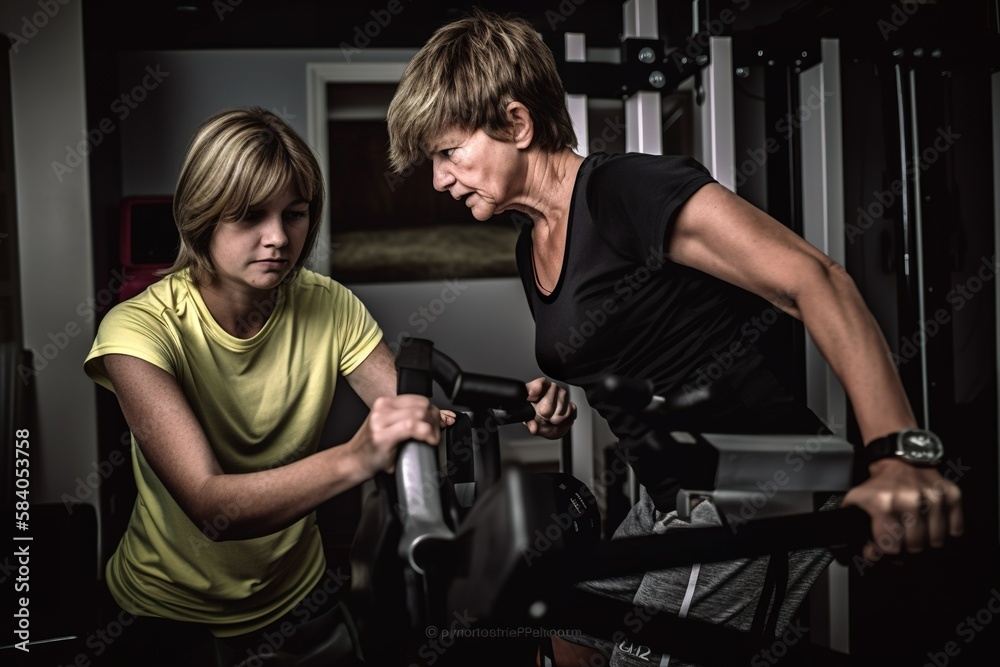 Training session, teenager and his strong middle aged mother training in gym, AI generative Training session, teenager and his strong middle aged mother training in gym, AI generative