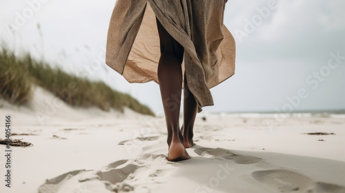 Girl's foot on the beach. Illustration AI Generative.