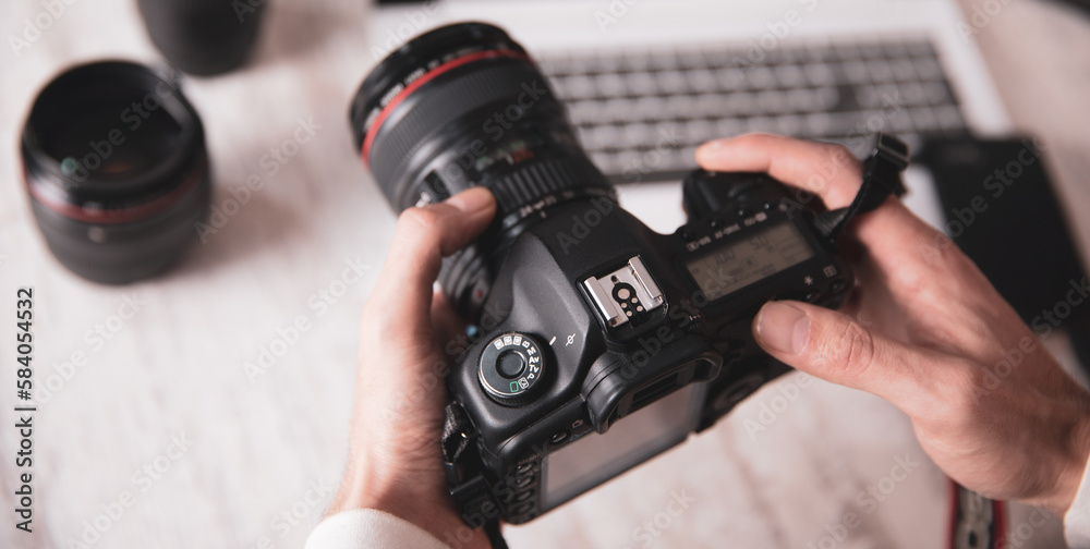 photographer man hand camera on desk photographer man hand camera on desk