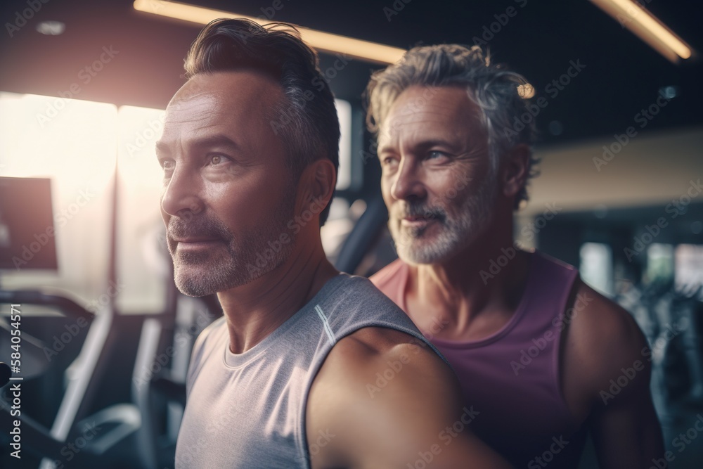 Two strong middle aged caucasian men training in gym, frends going to sport club together, joint training, AI generative Two strong middle aged caucasian men training in gym, frends going to sport club together, joint training, AI generative