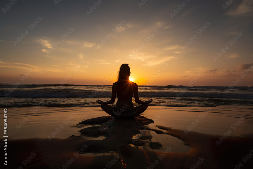 Young healthy woman practicing yoga on the beach at sunset. Generative Ai.