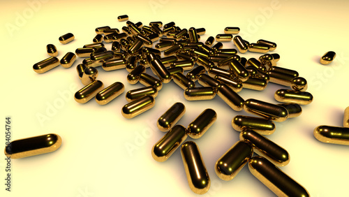 Abstract pile of objects that look like golden pills or bullets. 3D reneder. Omega capsules, gelatin capsule.