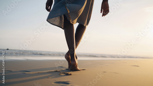 Girl's foot on the beach. Illustration AI Generative.