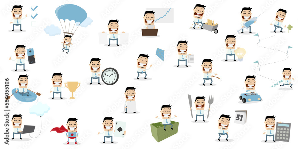 big cartoon collection of a funny businessman in different scenarios big cartoon collection of a funny businessman in different scenarios