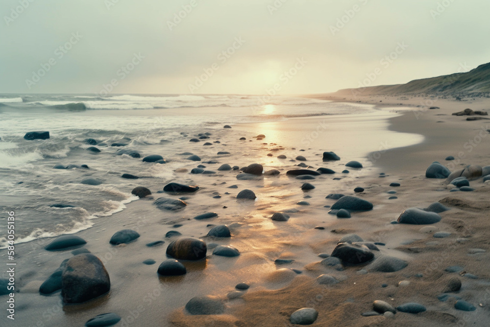 A serene beach with crashing waves and rocks in the sand wallpaper landscape made by generative ai A serene beach with crashing waves and rocks in the sand wallpaper landscape made by generative ai