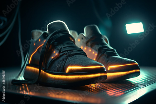 A pair of running black shoes with orange neon highlights on a platform made by generative ai