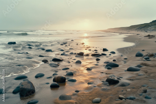 A serene beach with crashing waves and rocks in the sand wallpaper landscape made by generative ai © marialr