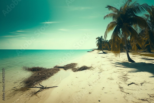 A scenic view of a beach with palm trees and clear blue water made by generative ai
