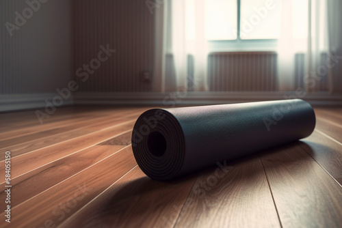 A black yoga mat and foam roller on a hardwood floor made by generative ai