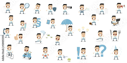 big cartoon collection of a funny businessman in different scenarios