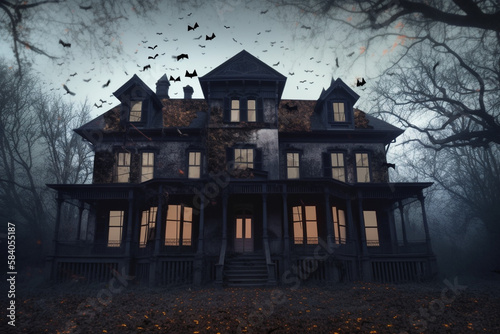 A spooky haunted house with bats flying around Halloween background made by generative ai