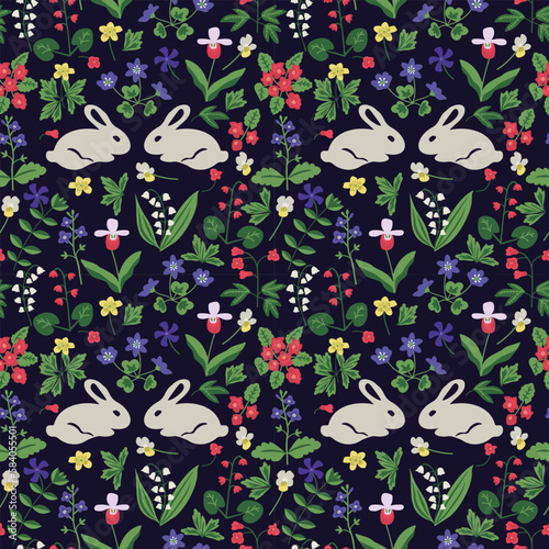 Seamless rabbits and flowers