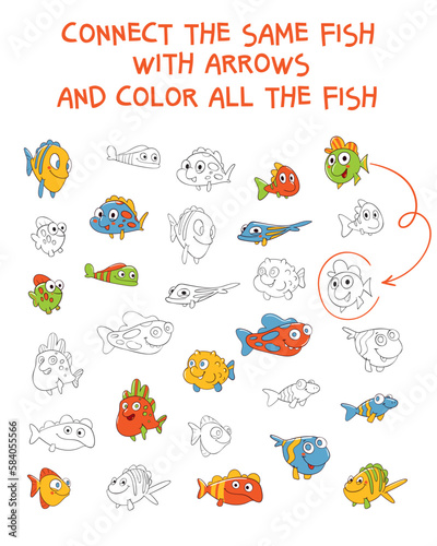 Connect the same fish with the arrows. Color all animals. Matching game. Educational game for children. Colorful cartoon characters. Funny vector illustration. Isolated on white background