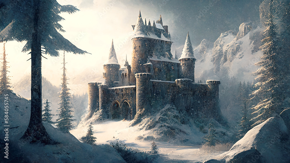 Castle on mountain in winter, image of snowy forest and citadel like