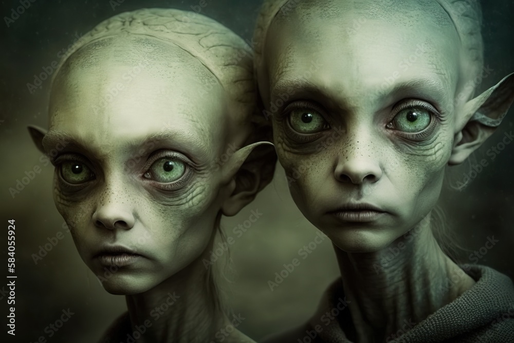 Sehr altes, abgegriffenes Foto von Besuchern einer anderen Welt auf der Erde. Unheimliches Alien Porträt. Generativ KI   