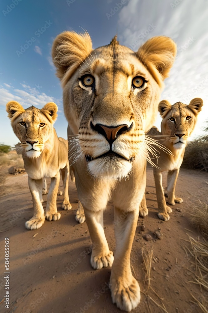Löwinnen kommen auf die Kamera in der Savanne zu. Actioncam in Afrika mit einem Rudel Löwen. Weitwinkel Simulation. Generativ KI Löwinnen kommen auf die Kamera in der Savanne zu. Actioncam in Afrika mit einem Rudel Löwen. Weitwinkel Simulation. Generativ KI