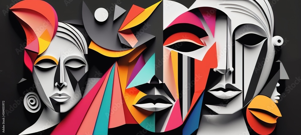 Abstract panorama background faces collage with black and white colors and elements.  Psychology and stress wallpaper illustration.  Generative AI