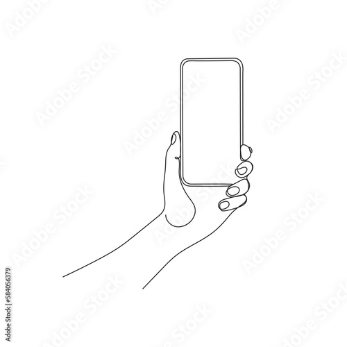 Hand holding phone, smartphone. One line art. Person holding device. Hand drawn vector illustration.