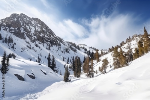 Serene Snowy Mountain Landscape, Perfect for Winter Getaways, Generative AI © avrezn