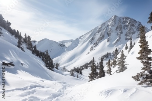 Serene Snowy Mountain Landscape, Perfect for Winter Getaways, Generative AI © avrezn
