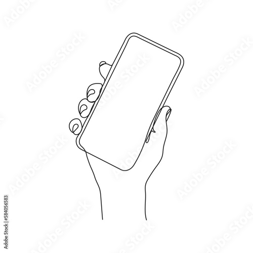 Hand holding mobilephone, smartphone. One line art. Person holding device. Hand drawn vector illustration.
