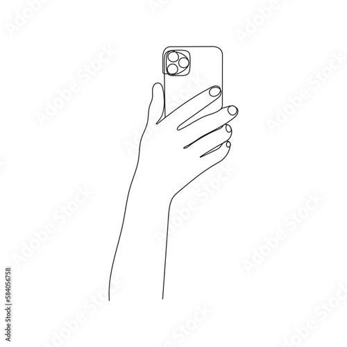 Hand holding smartphone to make picture. One line art. Person holding device. Hand drawn vector illustration.