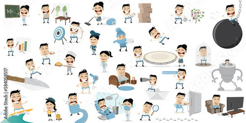 big cartoon collection of a funny businessman in different scenarios