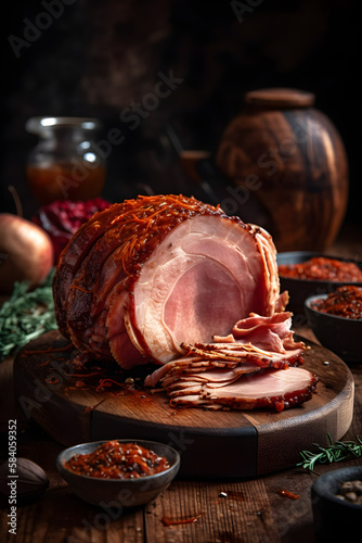 Delicious smoked ham on a wooden board with spices. (generative ai)