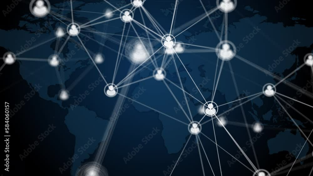 Icons of Internet users connected to the global network by lines on blurred background of the world map. Dark blue looped animation. Social network connections. Icons of Internet users connected to the global network by lines on blurred background of the world map. Dark blue looped animation. Social network connections.