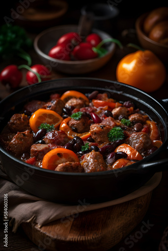 Pork stew with chorizo and black beans. Served with orange and seasoned with hot chili peppers. (generative ai)