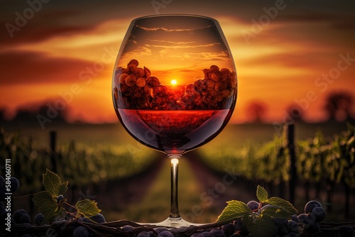 Glass of wine in a vineyard at sunset. Beautiful view. Generative AI