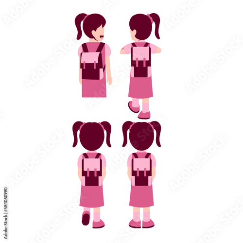 Set Of Girl Student With Schoolbag In Back View