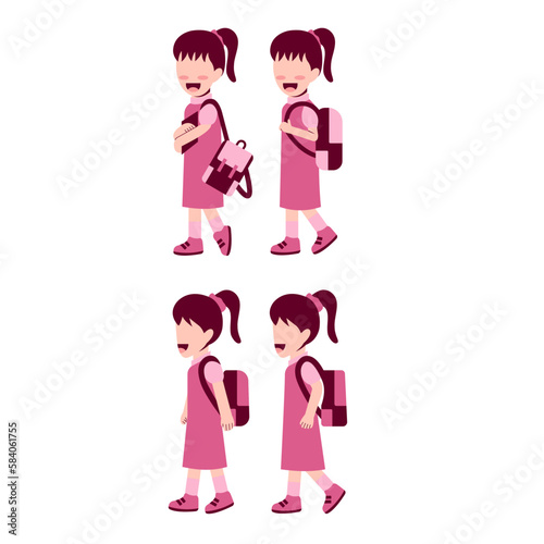 Set Of Girl Student With Schoolbag