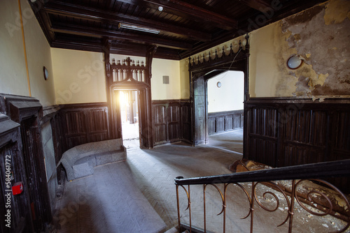 Photography Old abandoned castle with beautiful carved wood decoration