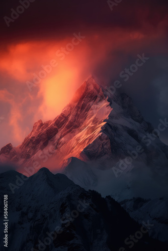 At dusk, the peaks of the snow-capped mountains are dyed red by the setting sun.