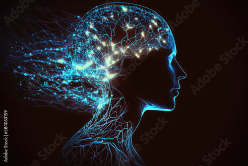 Meditation concept with human head silhouette glowing esoteric neurons in brain AI generated