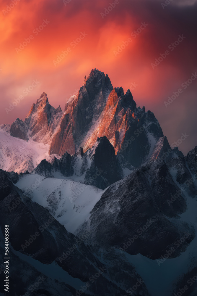 At dusk, the peaks of the snow-capped mountains are dyed red by the setting sun.
