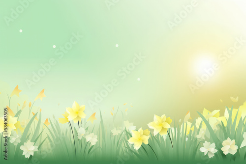 Sunlight on Easter flowers on light green gradient background.