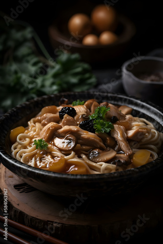Traditional noodles with shimeji mushrooms and chicken. (generative ai)