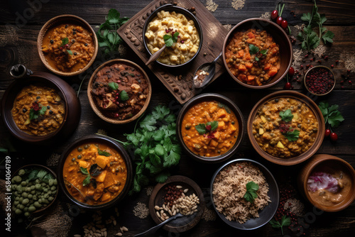 Top view of Assorted indian food on dark wooden background. 