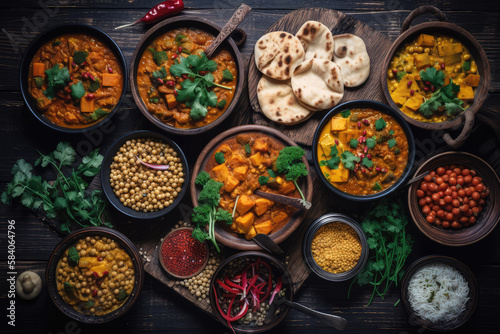 Top view of Assorted indian food on dark wooden background. 