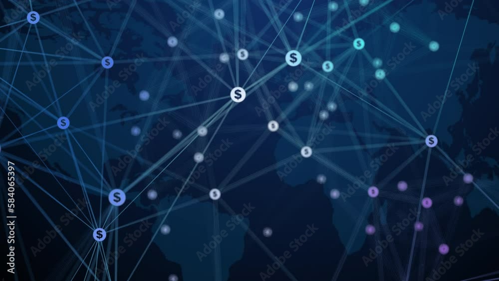 Abstract movement of dollar icons connected by lines on a dark blue world map background. Looped business animation with blurred geometric polygonal elements. Abstract movement of dollar icons connected by lines on a dark blue world map background. Looped business animation with blurred geometric polygonal elements.