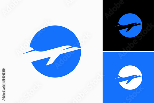 private jet on blue circle logo vector