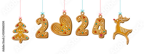 Gingerbread cookie numerals on sticks with phrase 2024 in cartoon style. Sweet biscuit christmas tree, heart and reindeer in new year message isolated on white background. Vector illustration