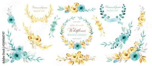 父の日, 薔薇, 水彩, ベクター, 花, 植物, ゴールド, 葉っぱ, ボタニカル, ローズ, 記念日, フレーム, メッセージ, カード, 