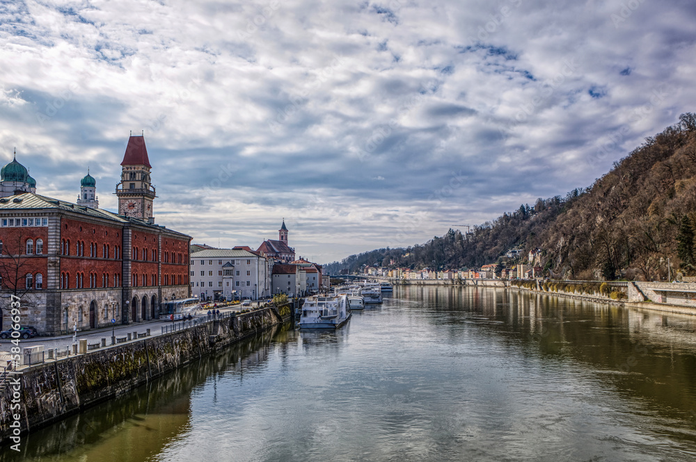 High dynamic range cityscape view of Passau city with view at the river