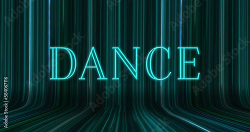 Image of dance text over light trails on black background