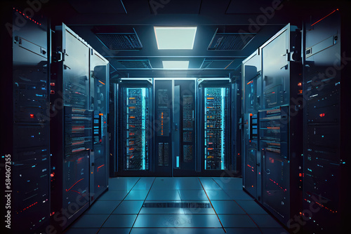 3D rendering of a modern high-tech server room with powerful database and computing storage capabilities.